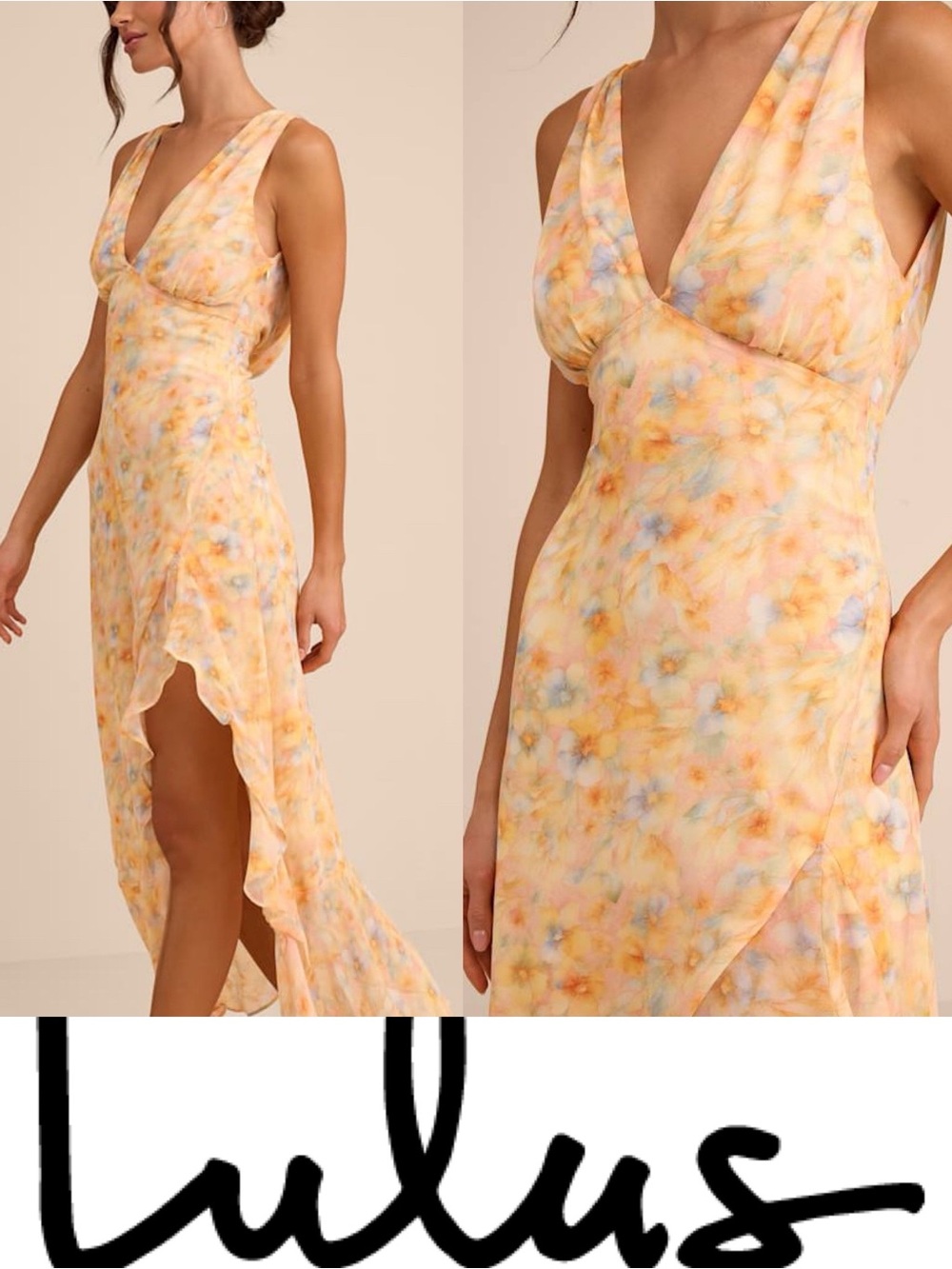 Lulu's Laraline Multi Floral Cowl Back Ruffled Maxi Dress❤️ Size Small EUC